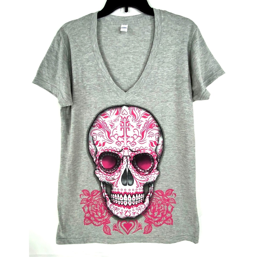 Dia de los Muertos T Shirt Women's XXL Skull V-Neck Gray Pink Top Blouse EUC